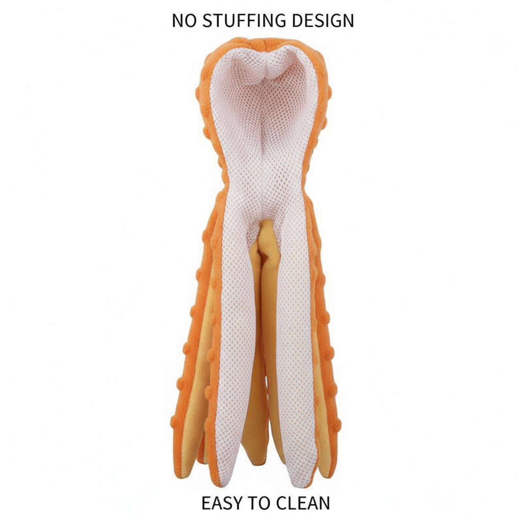"No Stuffing Design - Octopus Toy Cut Open Showing Empty Interior for Easy Cleaning"