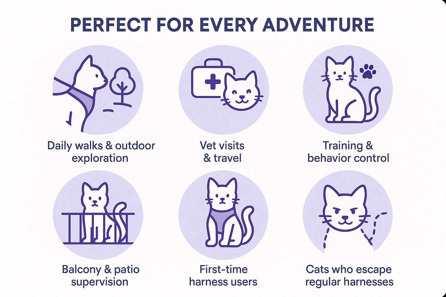 "Cat harness perfect for every adventure: daily walks and outdoor exploration, vet visits and travel, training and behavior control, balcony and patio supervision, first-time harness users, cats who escape regular harnesses"
