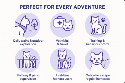 "Cat harness perfect for every adventure: daily walks and outdoor exploration, vet visits and travel, training and behavior control, balcony and patio supervision, first-time harness users, cats who escape regular harnesses"

