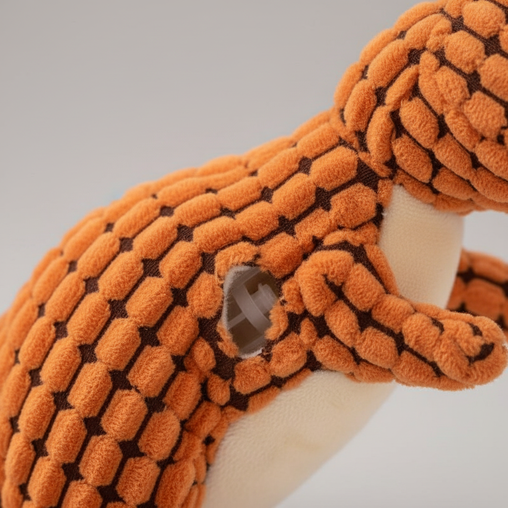 Close-up Detail of Dinosaur Plush Toy - Textured Corn Velvet Material, Quality Stitching and Squeaker
