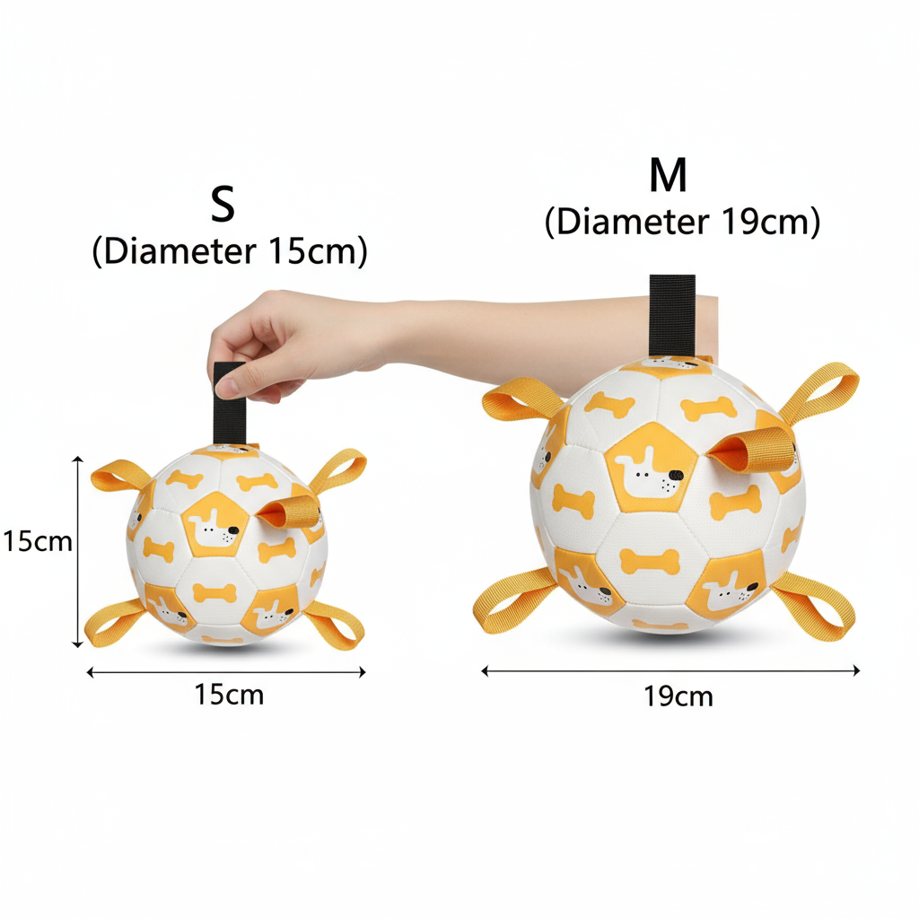 Product size comparison chart for interactive football toy