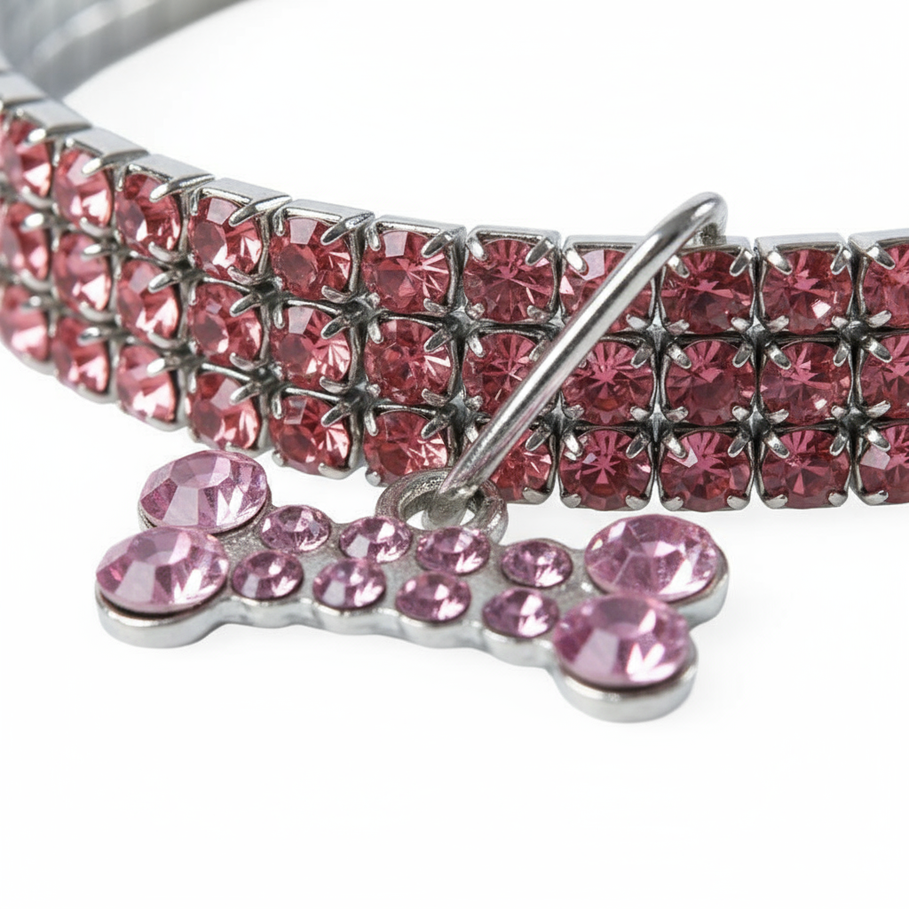  "Sparkling Rhinestone Detail Close-up - Crystal Bling Dog Collar with Bone Charm"