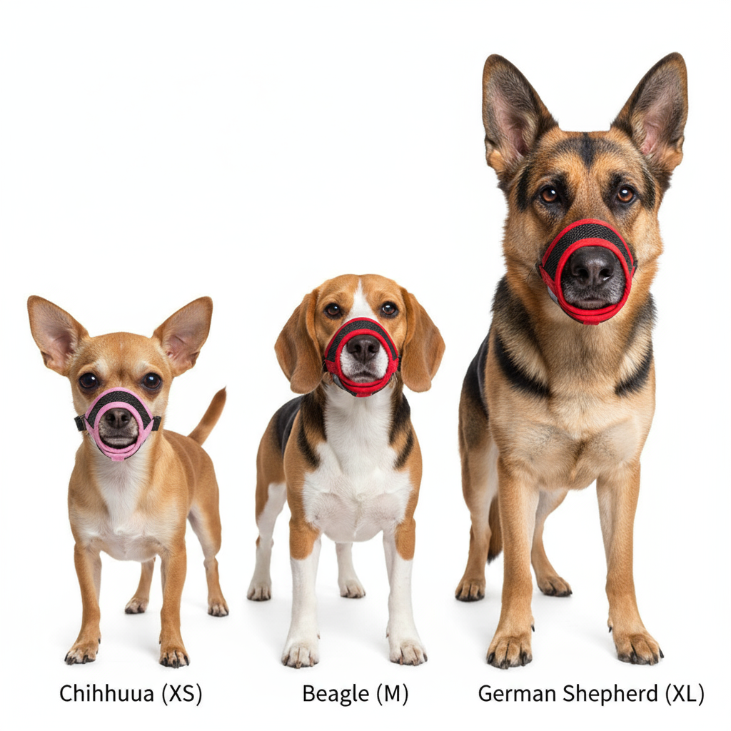  "Dog Muzzle Size Comparison - XS Small, M Medium, XL Large on Different Breeds"