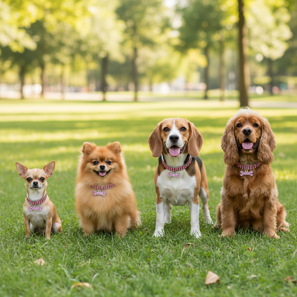  "Rhinestone Dog Collar Size Comparison - XS Small Medium Large on Different Breeds"