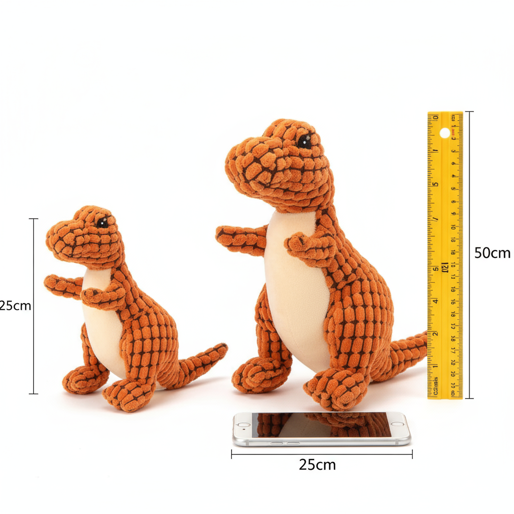 Dinosaur Plush Pet Toy Size Comparison - 25cm Small vs 50cm Large with Ruler and Phone Scale Reference
