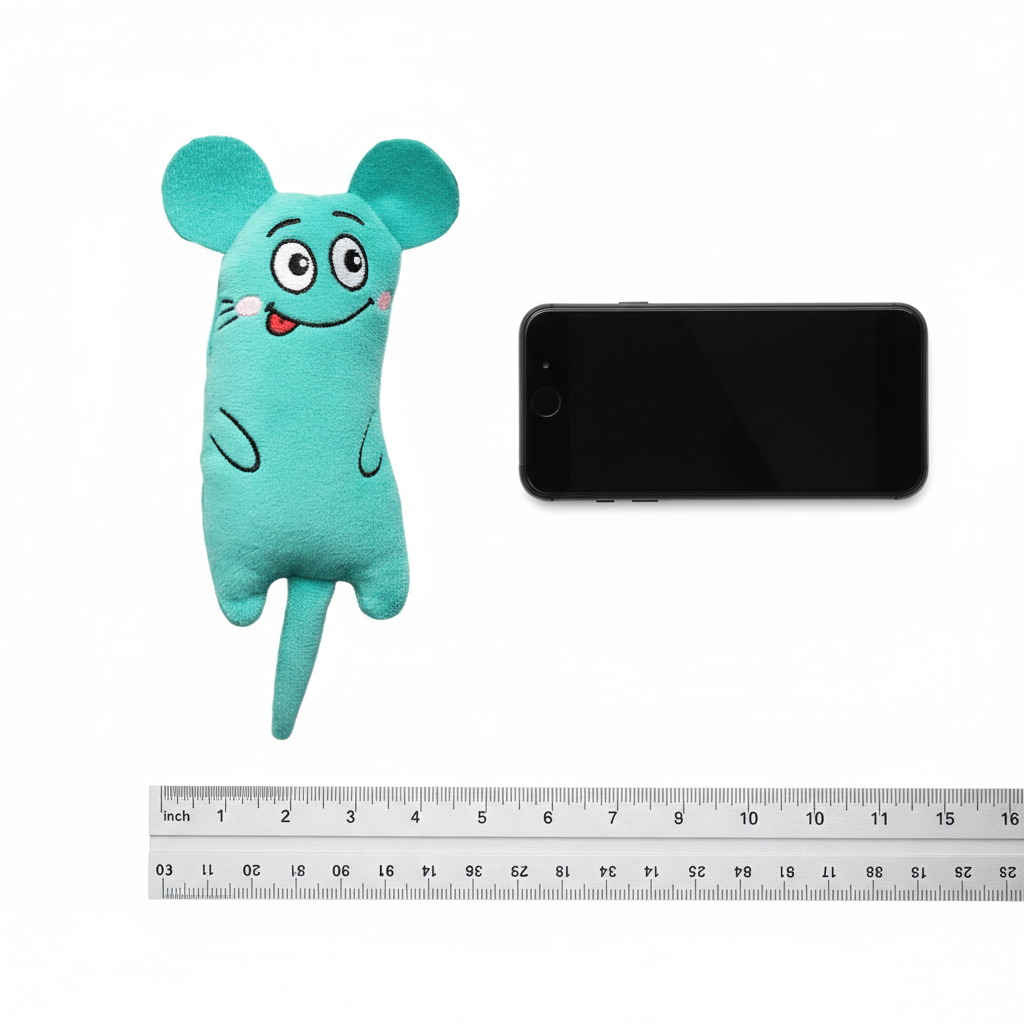 "Cat Plush Toy Size Comparison - 6.3 Inches Length with Phone and Ruler Reference"