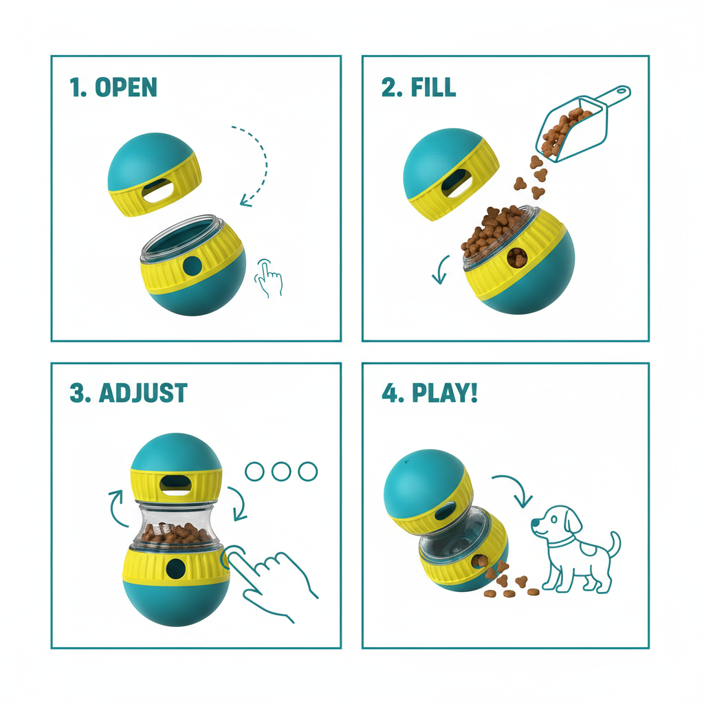 "How to Use Dog Puzzle Toy - Four Step Guide: Open, Fill, Adjust Holes, Close"