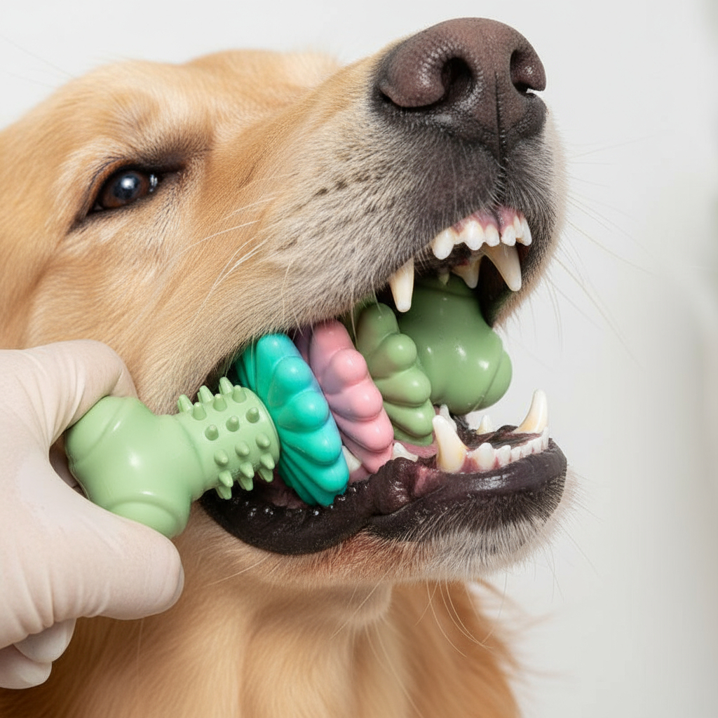  "Teeth Cleaning Demonstration - Dog Teeth Engaging with Textured Massage Rings for Dental Care"