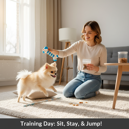 "Training Session - Owner Using Orange Toy to Train Pomeranian Dog"