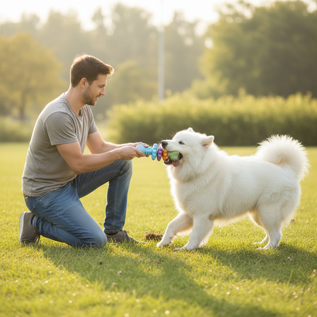 "Tug-of-War Game - Owner and Samoyed Playing Interactive Game with Durable Bone Toy"