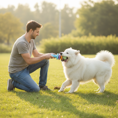 "Tug-of-War Game - Owner and Samoyed Playing Interactive Game with Durable Bone Toy"