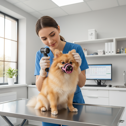 "Small Dog Wearing Breathable Muzzle at Vet Clinic - Safe Examination"